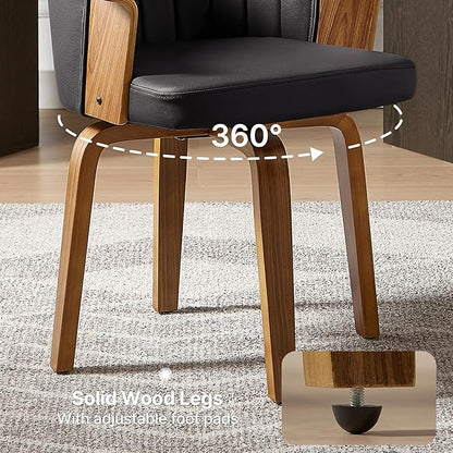 Art Leon Swivel Dining Chairs, Set of 2, Mid Century Modern Faux Leather Upholstered Kitchen Dining Room Chairs, Accent Desk Chairs with Wood Legs, Black/Walnut