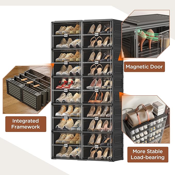 Shoe Rack Organizer Cabinet for Closet Entryway,Clear Shoe Storage Boxes Stackable Sneaker Storage with Door Easy Assembly Black Shoe Cabinet with Lids Large 10 Tiers 40 Pairs