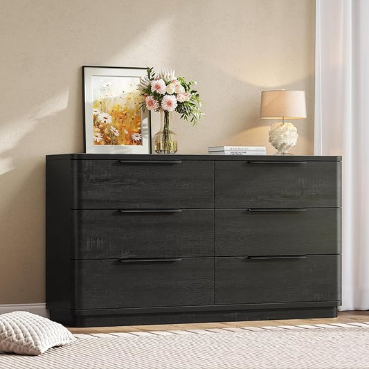 6 Drawer Dresser for Bedroom, 54" Wide Modern Chest of Drawers with Metal Handle, Curved Profile Design, Wooden Black Dresser Closet Clothes Storage TV Stand for Living Room, Hallway