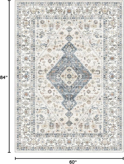 Washable Vintage Area Rug 5x7 - Soft Traditional Farmhouse Ultra-Thin Rug for Living Room, Bedroom, Dining Room and Home Office - Distressed Oriental Reto Indoor Floor Carpet Rug…
