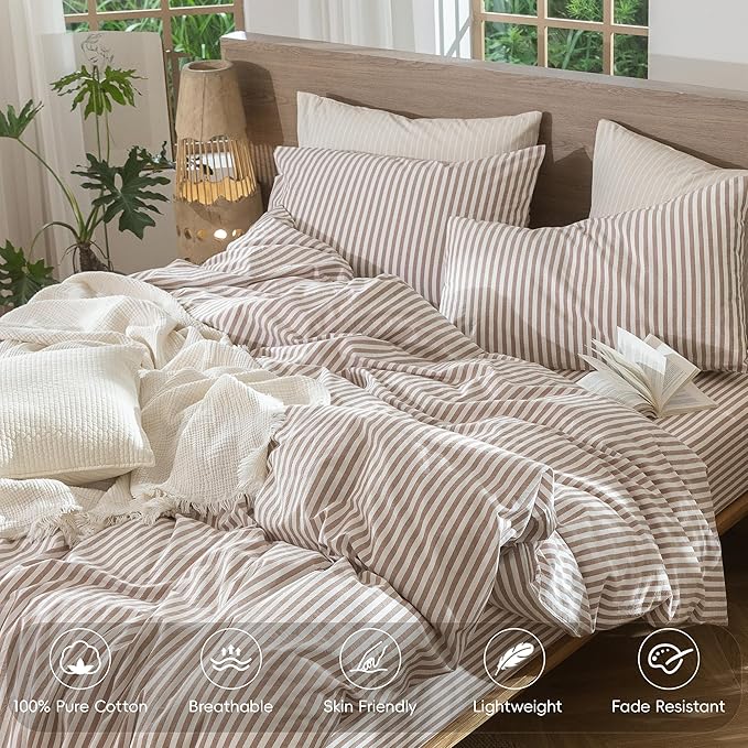 MooMee Striped Duvet Cover Set 100% Washed Cotton Linen Like Textured Breathable Durable Soft Comfy (Orange Classic Stripes, King 104"x90")