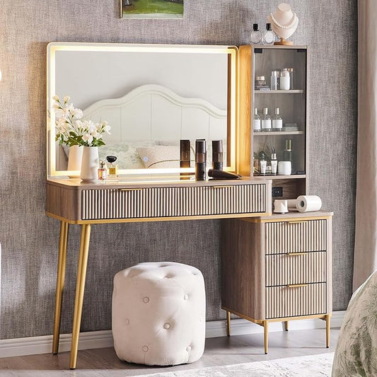 T4TREAM Fluted Makeup Vanity Desk with 36" HD Lighted Mirror, 48" Big Modern Vanity Desk with Mirror and Lights, Dressing Table with 5 Drawers & Shelves, Glass Top for Bedroom (Alder Grey)