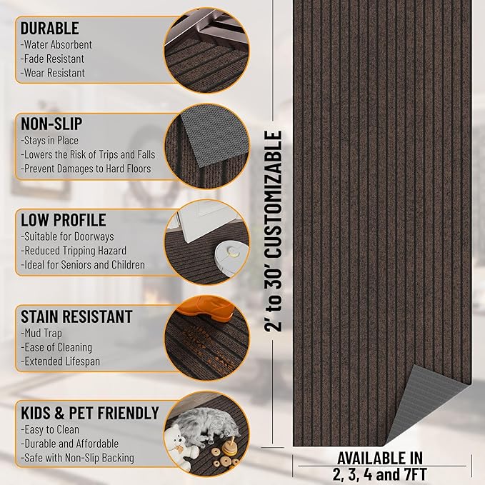 Ottomanson 2'7" x 7' Hallway Runner with Scraper Pile - Extra Durable Non-Slip Rug Mat for Indoor & Outdoor Use - Ideal for Kitchen, Entryway & Garage - High-Traffic Carpet, Brown