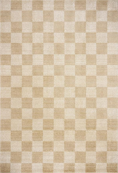 Loloi Chris Loves Julia Calvin Collection CLV-01 Wheat/Ivory 5'-3" x 5'-3" Round Area Rug Checkered Neutral Soft Living Room Bedroom Carpet