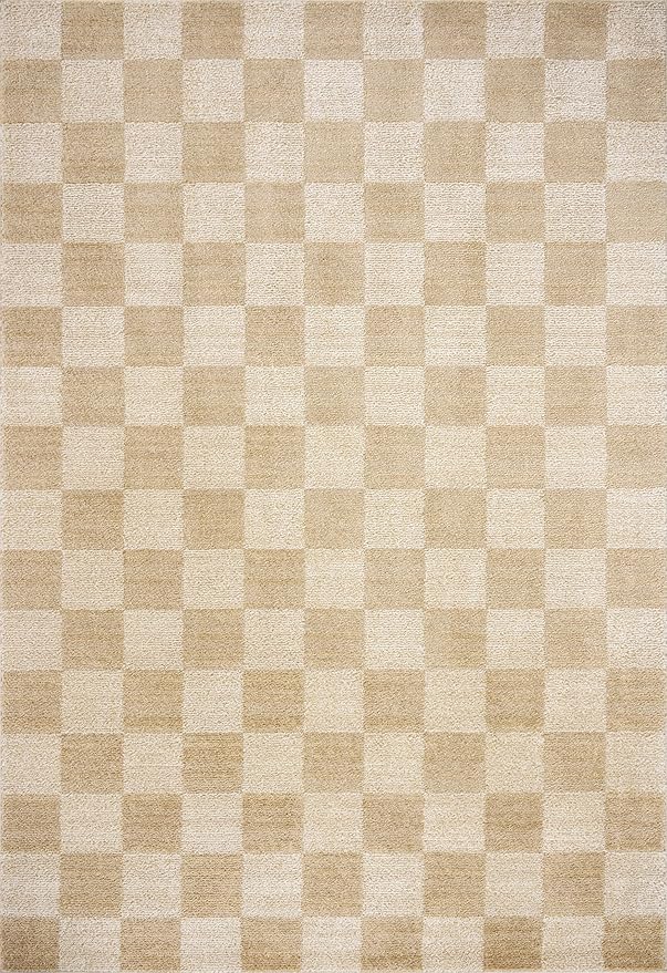 Loloi Chris Loves Julia Calvin Collection CLV-01 Wheat/Ivory 7'-10" x 7'-10" Round Area Rug Checkered Neutral Soft Living Room Bedroom Carpet