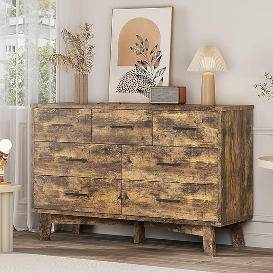 Dresser for Bedroom with 7 Drawer, Wood Modern Chest of Drawers with X-Shaped Sturdy Base, Wide Double Dresser Closet Clothes Storage Organizer, Wooden TV Stand for Living Room, Hallway, Brown