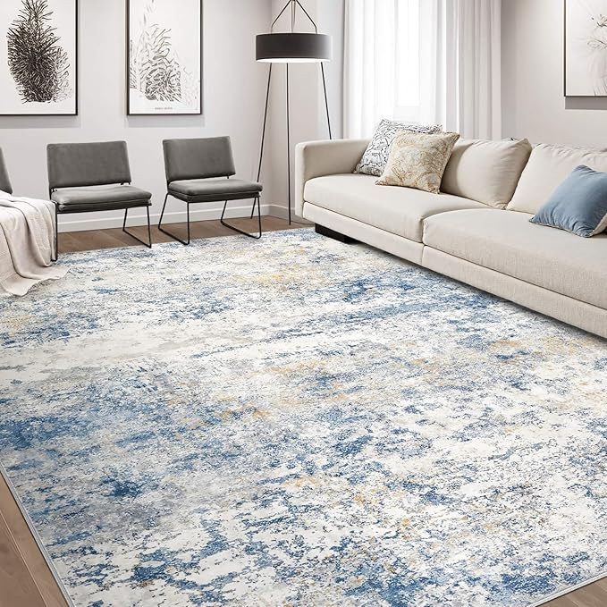 Area Rug Living Room Rugs - 9x12 Abstract Large Soft Indoor Washable Rug Neutral Modern Low Pile Carpet for Bedroom Dining Room Farmhouse Home Office - Blue
