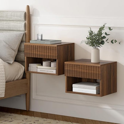 Floating Bedside Cabinet Set of Four with Drawers and Open Shelves, Compact Wall-Mounted Bedside Shelf, Modern Recessed Bedside Cabinet Suitable for Bedrooms and Living Rooms, Brown