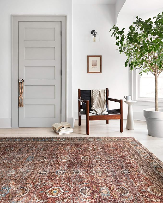 Loloi Layla Collection LAY-01 Brick/Blue 2'-3" x 3'-9" .13" Thick Accent Rug, Soft, Durable, Vintage Inspired, Distressed, Low Pile, Non-Shedding, Easy Clean, Printed, Living Room Rug