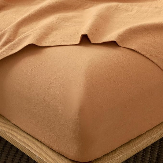 MooMee Fitted Bottom Sheet Only 100% Washed Cotton Linen Like Textured Breathable Durable Soft Comfy Deep Pocket Fits Mattress up to 17" (Burnt Orange, Queen)