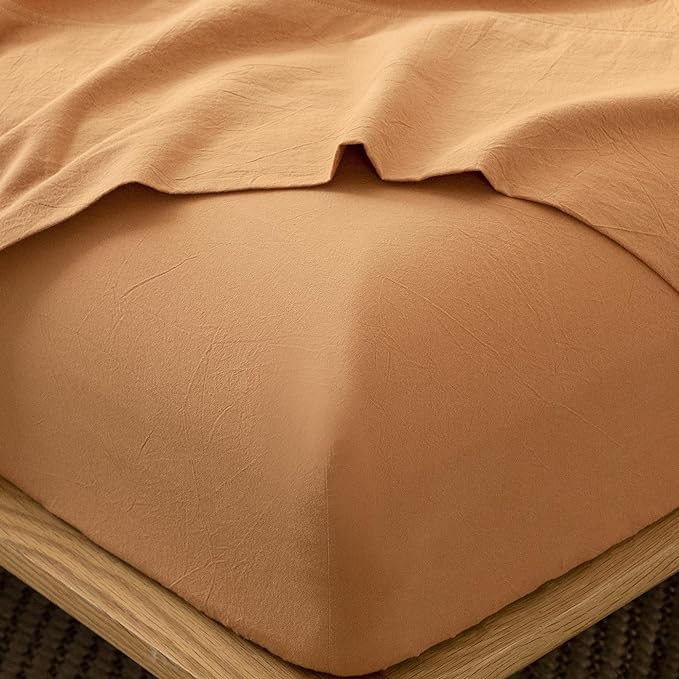 MooMee Fitted Bottom Sheet Only 100% Washed Cotton Linen Like Textured Breathable Durable Soft Comfy Deep Pocket Fits Mattress up to 17" (Burnt Orange, King)