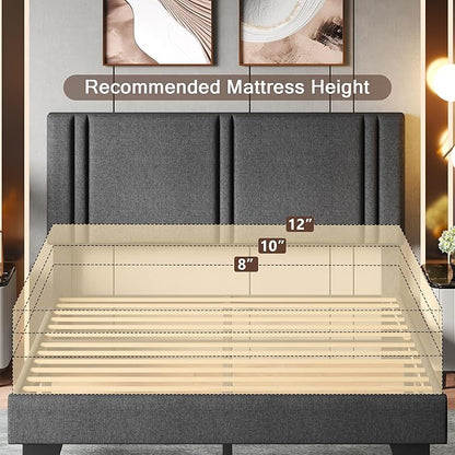 Upholstered Queen Size Bed Frame with Linen Fabric Headboard, Strong Wooden Slats Support, Noise Free, No Box Spring Needed, Dark Grey