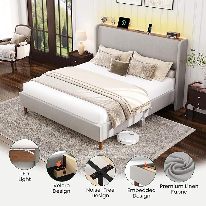 LARMACE Queen Size Bed Frame with LED Lights and Charging Station Linen Upholstered Platform Bed Frame with 51.2" Tall Wingback Headboard and Storage Shelf, No Box Spring Needed, Easy Assembly, Grey