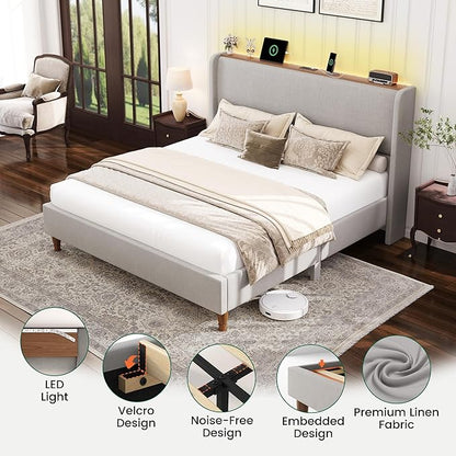 LARMACE King Size Bed Frame with LED Lights and Charging Station Linen Upholstered Platform Bed Frame with 51.2" Tall Wingback Headboard and Storage Shelf, No Box Spring Needed, Easy Assembly, Grey