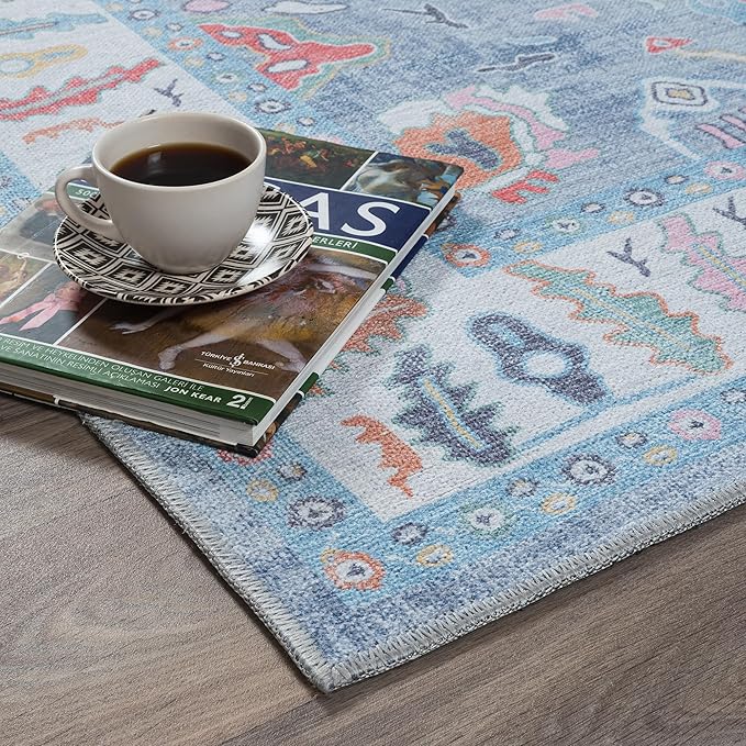 Fame Rugs Blue Modern Oushak Rug 2x3, Vintage Doormat Turkish Colorful Oriental Antique Inspired Washable Small Area Rug, Luxury Living Room Bedroom (381LB, 2' x 3')
