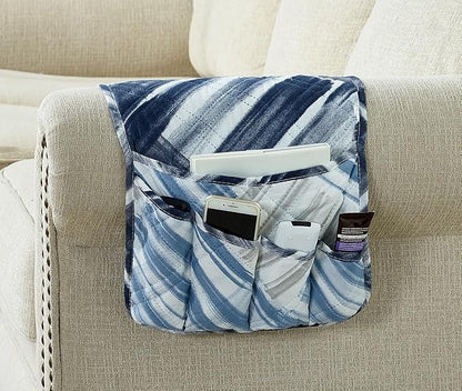 Brilliant Sunshine Blue Grey Stripes Patchwork Couch Armrest 5 Pockets Organizer, Slip Resistant Recliner Armchair Caddy, Washable Remote Controls Holder, Storage for Magazine, Tablet, iPad, Blue Grey