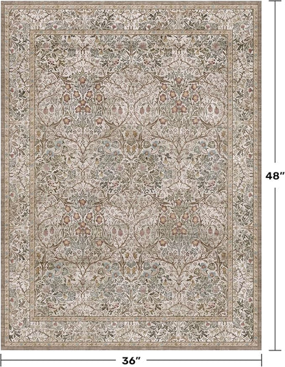 Vintage Moss Green Entryway Rug, 3x4 Washable Area Rugs for Kitchen, Bathroom, Bedroom, Oriental Low Pile Stain Resistant Non-Slip Small Throw Rug