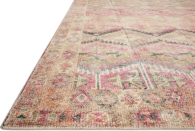 Loloi Layla Collection LAY-17 Pink/Lagoon 7'-6" x 9'-6" .13" Thick Area Rug, Soft, Durable, Vintage Inspired, Distressed, Low Pile, Non-Shedding, Easy Clean, Printed, Living Room Rug