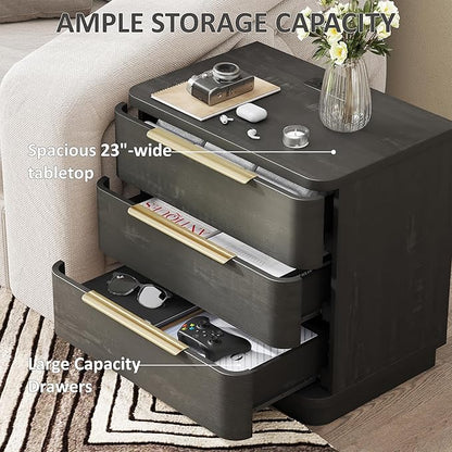 Black Nightstands Set of 2, Bedside Table with 3 Storage Drawers, 24" Tall Wood Night Stand with Charging Station, Modern Wide End Table Side Table W/Metal Handle Curved Profile for Bedroom