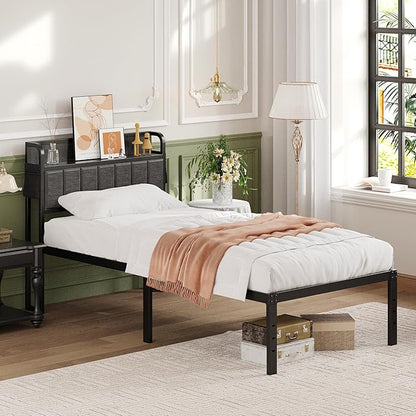 16 Inch Twin Bed Frames with Upholstered Storage Headboard, Heavy Duty Twin Platform Bed No Box Spring Needed, Noise Free, Easy Assembly, Gray