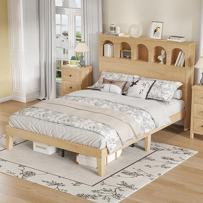 Queen Bed Frame, Storage Headboard with 5 Arched Storage Compartments, 12.4 Inch Farmhouse Wooden Queen Bed Frame, No Box Spring Needed, No Noise (Wood Color)
