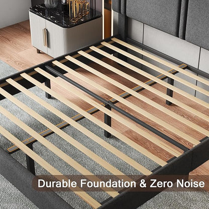 Upholstered Full Size Bed Frame with Linen Fabric Headboard, Strong Wooden Slats Support, Noise Free, No Box Spring Needed, Dark Grey