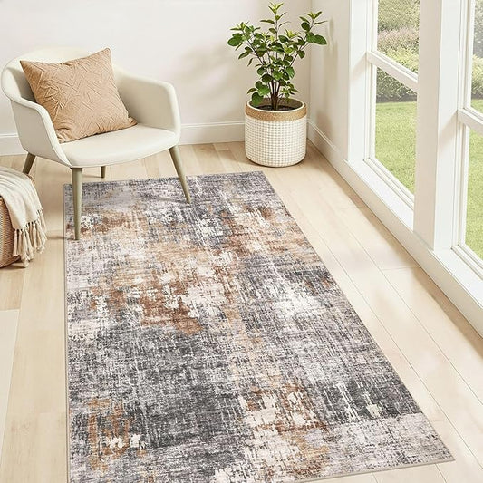 Washable Area Rug: 3x5 ft Abstract Small Rugs for Entryway Kitchen Living Room Bedroom - Non Slip Modern Neutral Carpet Indoor Front Door - Grey Brown