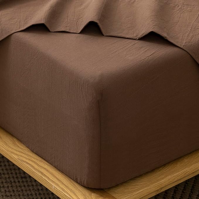 MooMee Fitted Bottom Sheet Only 100% Washed Cotton Linen Like Textured Breathable Durable Soft Comfy Deep Pocket Fits Mattress up to 17" (Cocoa Brown, Queen)