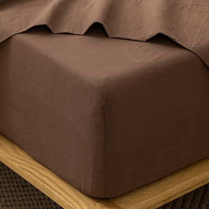 MooMee Fitted Bottom Sheet Only 100% Washed Cotton Linen Like Textured Breathable Durable Soft Comfy Deep Pocket Fits Mattress up to 17" (Cocoa Brown, Queen)