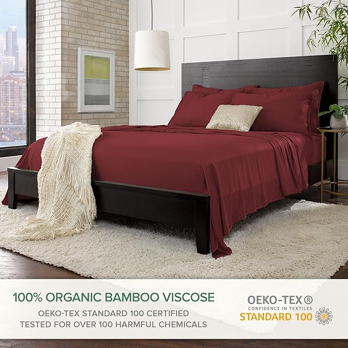 Pure Bamboo California King Sheets, Genuine 100% Organic Viscose Derived from Bamboo Bed Sheet Set, Soft & Cooling, Double Stitching, 2 Year Quality Promise (California King, Merlot)