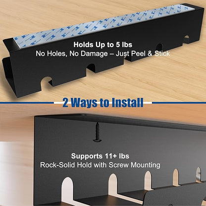 2 Pack 17" Under Desk Cable Management Tray, Metal Wire Management Standing Desk Cord Organizer Power Strip Holder with Cable Ties and Clips for Home Office, Black