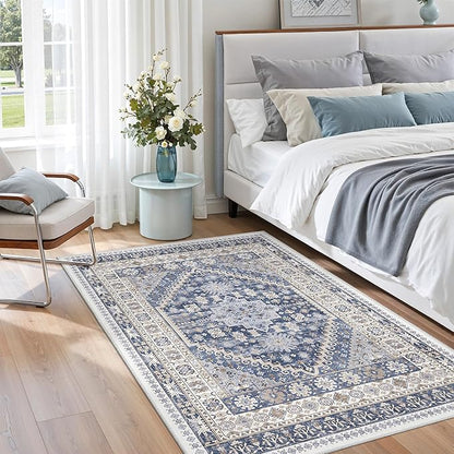 zesthome 4x6 Rug - Stain Resistant Washable Rug, Anti Slip Backing Rugs for Living Room, Foldable Vintage Small Area Rugs (Blue/Beige,4'x6')