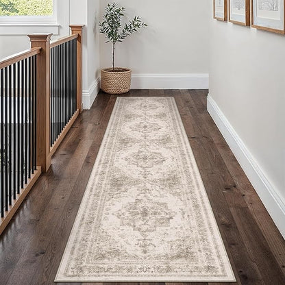 Runner Rug 3x12 Beige Hallway Washable Carpet Non Slip Vintage Medallion Carpet Low Pile Soft Distressed Retro Indoor Long Rug for Entryway Kitchen Bathroom Laundry Bedroom