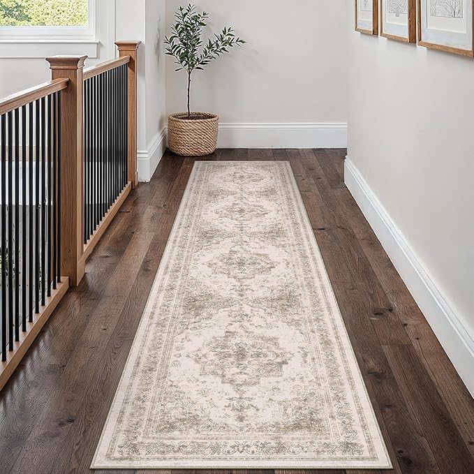 Runner Rug 3x10 Beige Hallway Washable Carpet Non Slip Vintage Medallion Carpet Low Pile Soft Distressed Retro Indoor Long Rug for Entryway Kitchen Bathroom Laundry Bedroom
