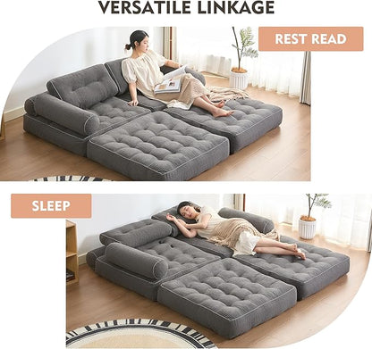 Plus Futon Sofa Bed for Small Spaces, Floor Couch with Armrest, Folding Sofa Couch, Convertible Sleeper Chair Bed with Pillow, Portable Comfy Floor Lounge for Living Room and Bedroom, Grey