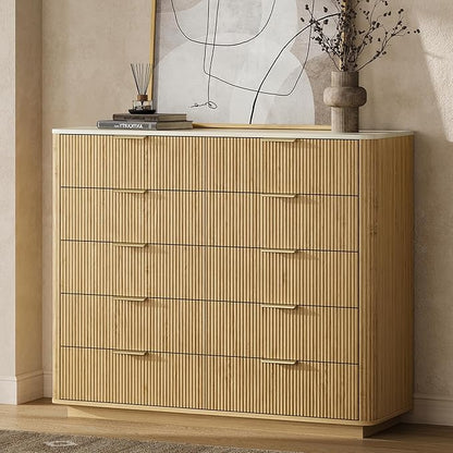 Fluted Drawers Dresser for Bedroom with 10 Drawers, 42'' Wide Mid Century Dressers with Faux Marble Top & Metal Handle, Wooden Chest of Drawers TV Stand, Natural Wood Closet Storage Organizer,Oak