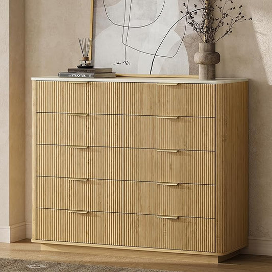 Fluted Drawers Dresser for Bedroom with 10 Drawers, 42'' Wide Mid Century Dressers with Faux Marble Top & Metal Handle, Wooden Chest of Drawers TV Stand, Natural Wood Closet Storage Organizer,Oak