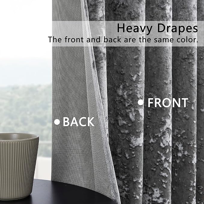 SMILETIME Grey Crushed Velvet Curtains 52x108inch Rod Pocket Luxurious Thermal Insulated Soundproof Drapes Soft and Durable Light-Filtering Window Treatments for Living Room Bedroom, 2 Panels