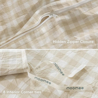 MooMee Gingham Duvet Cover Set 100% Washed Cotton Linen Like Textured Breathable Durable Soft Comfy Modern Checkered Design (Almond Milk Grey Gingham, Super Queen 90"x98")