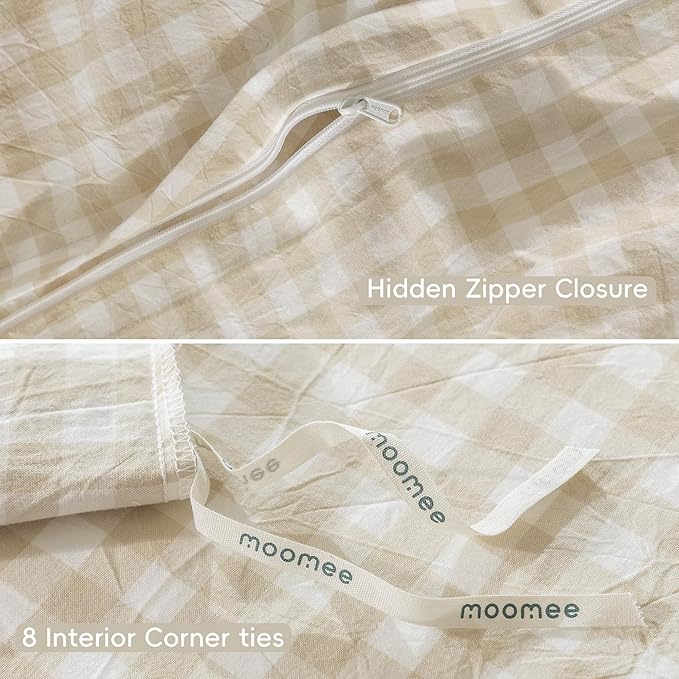 MooMee Gingham Duvet Cover Set 100% Washed Cotton Linen Like Textured Breathable Durable Soft Comfy Modern Checkered Design (Almond Milk Grey Gingham, Full 80"x90")