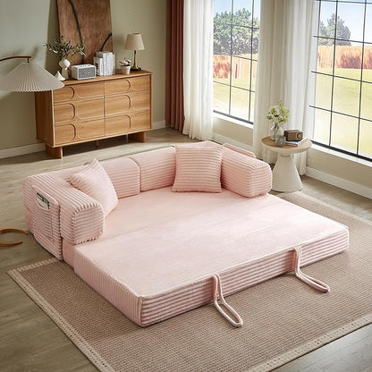 Boneless Couch Folding Couches for Living Room Sofa, Futon Sofa Bed with Sleeper Sofa, Futon Couch with Fixed-Shape Oversized Corduroy Upholstered (Pink, 81 Inches)