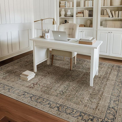 Fmfunctex 5x7 Washable Area Rug Neutral Vintage Brown Distressed Non Slip Low Pile Retro Indoor Carpet for Living Room Bedroom Soft Mat Throw Rug for Dining Office Kitchen Dorm Nursery Entryway, Multi