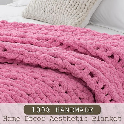 Chunky Knit Throw Blanket 50"X 60", 100% Handmade with Soft Chenille Yarn, 4.4lbs Thick Cable Knitted Blankets, Large Rope Knot Crochet Throws for Couch Sofa Bed Home Decor, Hot Pink