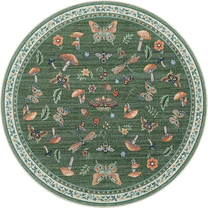 Mushroom Insect 7ft Round Rug Washable Non-Slip Soft Ultra-Thin Large Boho Circle Carpet for Entryway Kitchen Bedroom Nursery Dining Room Green