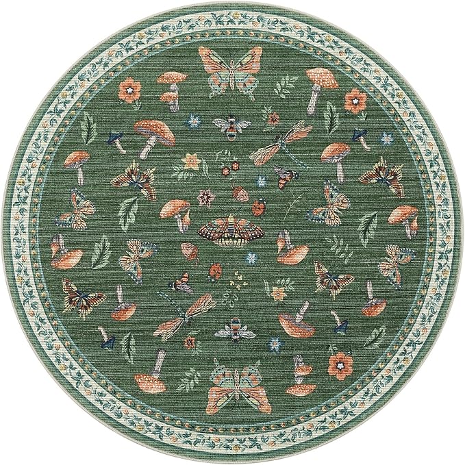 Mushroom Insect 6ft Round Rug Washable Non-Slip Soft Ultra-Thin Boho Circle Carpet for Living Room Bedroom Kitchen Nursery Dining Room Green