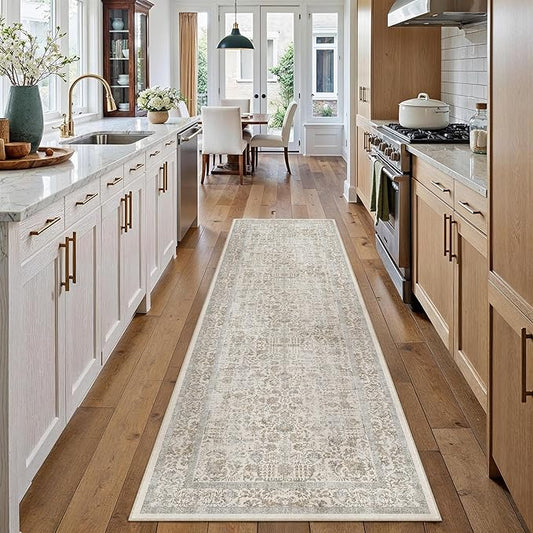 Taupe Runner Rug 2'6"x14' Washable Carpet for Hallway Kitchen Vintage Distressed Non Slip Indoor Retro Floral Bedroom Accent Throw Long Rug Bathroom Office Laundry Dining Living Room