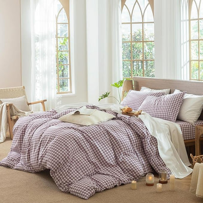 MooMee Gingham Duvet Cover Set 100% Washed Cotton Linen Like Textured Breathable Durable Soft Comfy Modern Checkered Design (Classic Gingham Light Purple, Palatial King/Oversized King 120"x98")