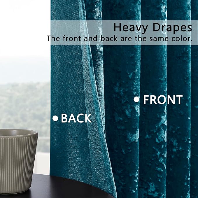 SMILETIME Tranquil Blue Crushed Velvet Curtains 52x96inch Rod Pocket Luxurious Thermal Insulated Soundproof Drapes Soft and Durable Light-Filtering Window Treatments for Living Room Bedroom, 2 Panels