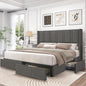 LARMACE King Size Bed Frame with Storage Drawers and Wingback Headboard, Linen Upholstered Platform Bed Frame with Wooden Slats, Easy Assembly, Light Grey