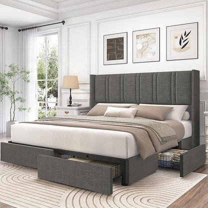 LARMACE Bed Frame Queen Size with Storage Drawers and Wingback Headboard, Linen Upholstered Platform Bed Frame with Wooden Slats, Easy Assembly, Light Grey